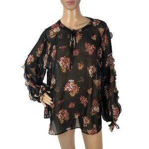ModCloth Sheer Boho Floral Print Blouse Top Size 1X Lightweight Chiffon Tie Neck